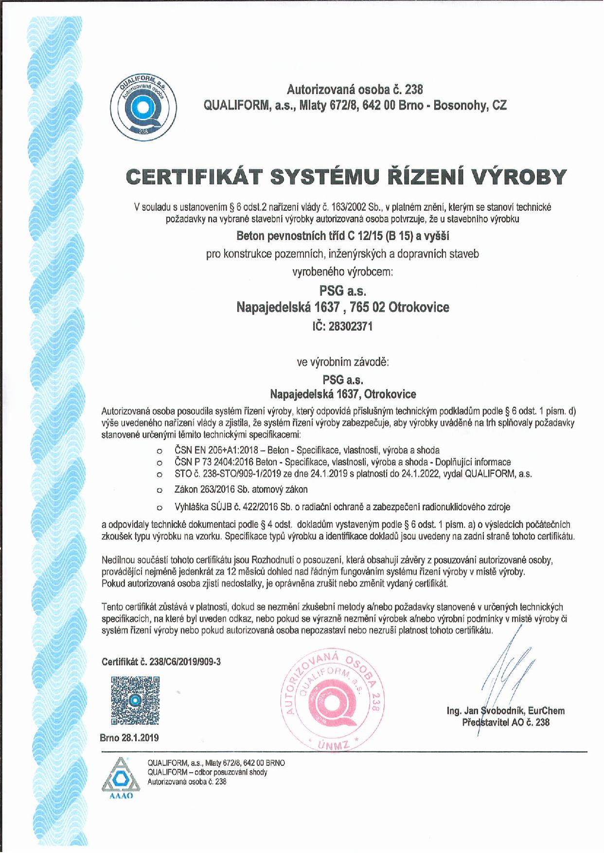 Certifikát systému řízení výroby Qualiform 2019